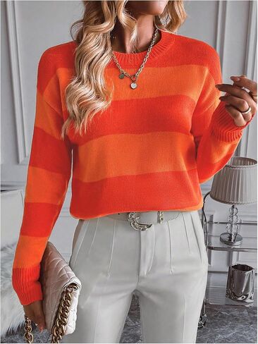 MakeMeChic Women's Striped Sweaters Colorblock Crew Neck Long Sleeve Casual Pullover Tops in Saudi Arabia