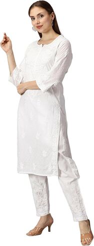 FCH، كورتي حريمي عصري من Chikan مصنوع يدويًا من القطن Chikankari مطرز على شكل كورتا مستقيمة in Saudi Arabia