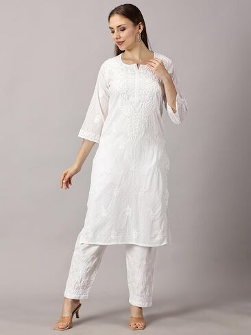 FCH، كورتي حريمي عصري من Chikan مصنوع يدويًا من القطن Chikankari مطرز على شكل كورتا مستقيمة in Saudi Arabia