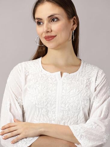 FCH، كورتي حريمي عصري من Chikan مصنوع يدويًا من القطن Chikankari مطرز على شكل كورتا مستقيمة in Saudi Arabia