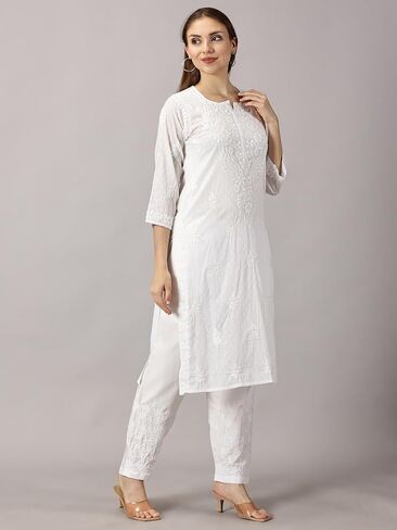 FCH، كورتي حريمي عصري من Chikan مصنوع يدويًا من القطن Chikankari مطرز على شكل كورتا مستقيمة in Saudi Arabia
