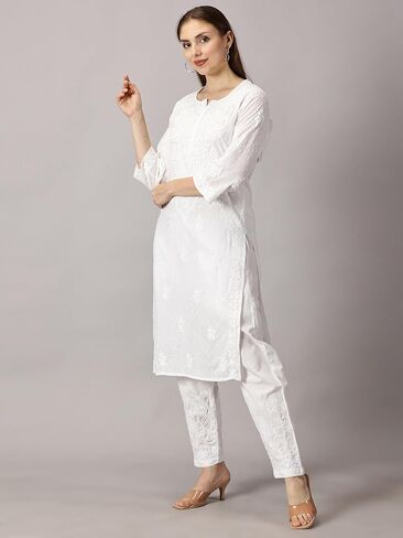 FCH، كورتي حريمي عصري من Chikan مصنوع يدويًا من القطن Chikankari مطرز على شكل كورتا مستقيمة in Saudi Arabia
