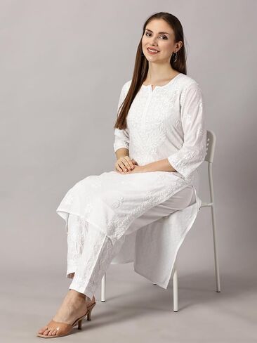 FCH، كورتي حريمي عصري من Chikan مصنوع يدويًا من القطن Chikankari مطرز على شكل كورتا مستقيمة in Saudi Arabia