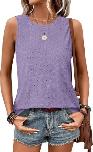 Womens Tank Tops Round Neck Sleeveless Shirts Flowy Loose Fit Basic Casual Eyelet Summer Tops Fashion Tanks in Kuwait