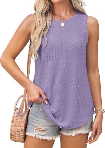 Womens Tank Tops Round Neck Sleeveless Shirts Flowy Loose Fit Basic Casual Eyelet Summer Tops Fashion Tanks in Kuwait
