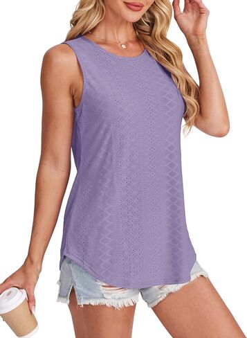 Womens Tank Tops Round Neck Sleeveless Shirts Flowy Loose Fit Basic Casual Eyelet Summer Tops Fashion Tanks in Kuwait