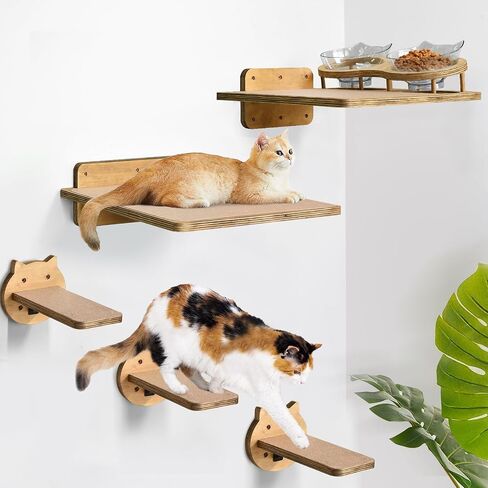 Cat Wall Shelves, Wood Cat Shelves for Wall with Cat Feeding Station, Cat Wall Furniture with 3 Cat Wall Steps, Cat Shelves and Perches, Wall Mounted Cat Climbing Shelf, Cat Lover Gift, 2 Board in Saudi Arabia