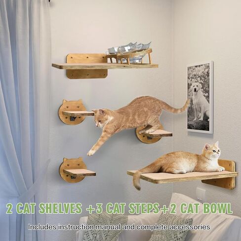 Cat Wall Shelves, Wood Cat Shelves for Wall with Cat Feeding Station, Cat Wall Furniture with 3 Cat Wall Steps, Cat Shelves and Perches, Wall Mounted Cat Climbing Shelf, Cat Lover Gift, 2 Board in Saudi Arabia