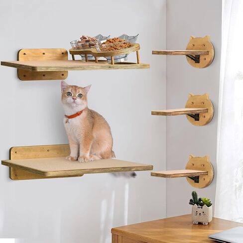 Cat Wall Shelves, Wood Cat Shelves for Wall with Cat Feeding Station, Cat Wall Furniture with 3 Cat Wall Steps, Cat Shelves and Perches, Wall Mounted Cat Climbing Shelf, Cat Lover Gift, 2 Board in Saudi Arabia