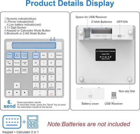 Bluetooth Number Pad - 2.4G Wireless Numeric Keypad with Display Calculator - Wireless Number Pad Slim 34-Key Portable Financial Accounting Numpad Data Entry & Calculation 2in1 for Laptop Desktop PC in Saudi Arabia
