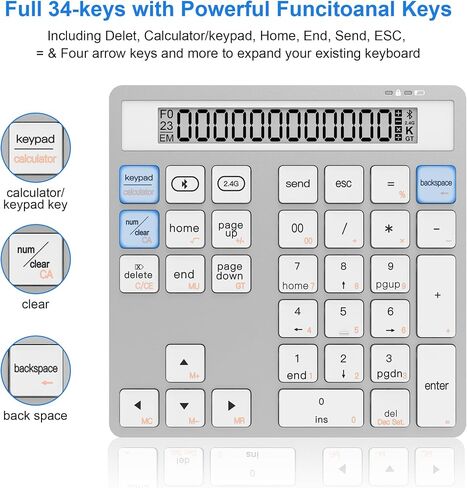 Bluetooth Number Pad - 2.4G Wireless Numeric Keypad with Display Calculator - Wireless Number Pad Slim 34-Key Portable Financial Accounting Numpad Data Entry & Calculation 2in1 for Laptop Desktop PC in Saudi Arabia