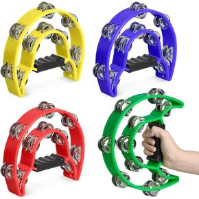 4 Pack 9 inch Double Row Tambourines Bulk, Half Moon Tambourine for Adults,Metal Jingles Hand Held Percussion Drum, Tamborines Musical Instrument for Church, Adults, Bars, KTV(Multicolor)