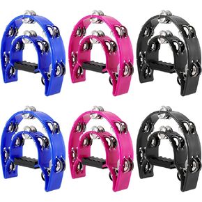 6 Packs 9 Inch Half Moon Tambourine, Double Row Tambourine, Handheld Tambourine with Ergonomic Handle, Plastic Musical Percussion Tambourines, Black, Blue, Magenta