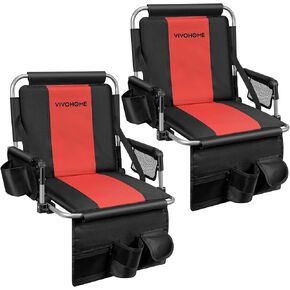 VIVOHOME Stadium Seats with Back Support and Cushion, 2 Pack Portable Bleacher Chairs with Cup Holder, Storage Bags and Shoulder Strap, Black and Blue