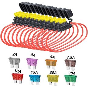Elefama 14 Gauge Inline Fuse Holder 12V-DC ATC/ATO 12Pcs Blade Fuse Holders kit with 60 Pcs Standard Car Fuses 14 AWG Wiring Harness Waterproof Pigtail for Fuses 2A 3A 5A 7.5 A 10A 15A 20A 30A