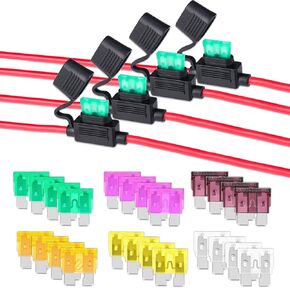 10 Gauge Fuse Holder ATC/ATO, 4 Packs in-Line Car Fuse Holder with 24 Pcs Blade Type Standard Fuses, 5A 20A 25A 30A 35A 40A Automotive Replacement Fuses