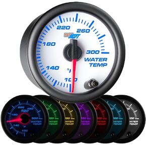 GlowShift White 7 Color 300 F Water Coolant Temperature Gauge Kit - Includes Electronic Sensor - White Dial - Clear Lens - for Car & Truck - 2-1/16" 52mm