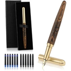 cobee Handcrafted Wooden Fountain Pens Set, Vintage Luxury Wood Fountain Pen 0.5mm Fine Point Smooth Writing Pen With 12 Ink 2.6 mm Cartridges and Gift Box for Journaling Calligraphy Supplies(C)