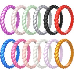 Zollen 12 Packs Silicone Wedding Rings for Women, Thin Braided Rubber Wedding Bands Stackable Ring, Hypoallergenic Silicone