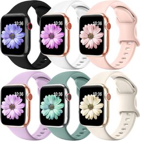 6 Pack Sport Bands Compatible with Apple Watch Bands 40mm 38mm 41mm 42mm 44mm 45mm 49mm,Soft Silicone Waterproof Strap for iWatch Ultra2 Series 9 Ultra 8 7 6 5 4 3 2 1 SE Women Men