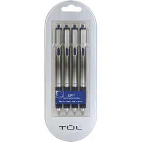 TUL Gel Pens, Retractable, Needle Point, 0.5 mm, Blue Barrel, Blue Ink, Pack Of 4