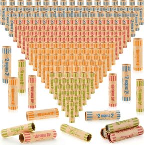 Outus 105 Pcs Assorted Coin Wrappers Rolls Bulk Preformed Coin Wrappers Rollers Paper Rolls Wrapping Tubes Includes Quarters, Pennies, and Dimes for Bank and Office