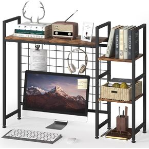 Desktop Bookshelf, Desktop Hutch for Computer Desktop Organizer Shelf 3-Tier Multipurpose Wood Desk Hutch Bookshelf Desktop Display Storage Rack for Home Office Dorm, Rustic Brown