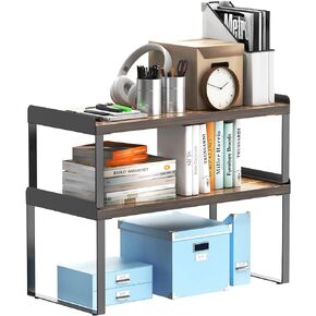 2 Sets Desktop Shelves & Office Shelves, 2 Tier Independent Stackable, Desktop Shelf Stand, Shelf for Desk Organization, Metal and Engineered Wood (Black+Vintage)