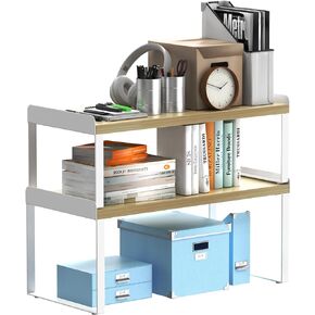 2 Sets Desktop Shelves & Office Shelves, 2 Tier Independent Stackable, Desktop Shelf Stand, Shelf for Desk Organization, Metal and Engineered Wood (Black+Vintage)