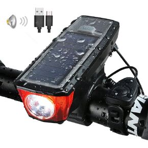 Solar USB Rechargeable Bike Front Lights Set 5 Modes 120db Bicycle Bell Horn 350 Lumens 4 Mode Waterproof Bicycle Headlight, USB Output Charge Your Mobile Phone, Road Cycling Safety Flashlight Lights