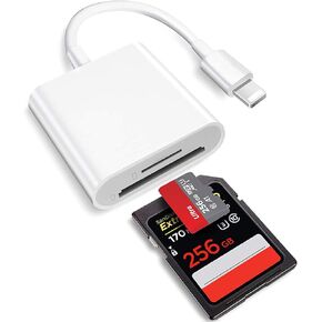 2 in 1 Lightning to SD Card Reader for iPhone, [Apple MFi Certified] Dual Slot Micro SD TF Trail Game Camera Memory Card Reader Adapter, Quickly Transfer Photos Videos Plug and Play