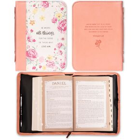 Christian Art Gifts Women's Fashion Bible Cover He Works All Things for Good Romans 8:28, Peach Floral Faux Leather, XL