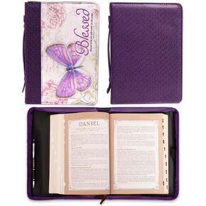 Christian Art Gifts Women's Fashion Bible Cover Blessed Butterfly Jeremiah 17:7, Purple Floral Faux Leather, Large