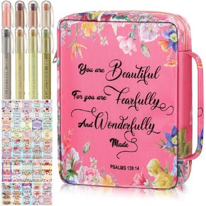 Bible Cover Floral Carrying Book Case with Handle and Zippered Back Pocket 10 x 7.5 x 2.5 Inch Church Bag with Bookmarks and Pens for Standard Size Bible Gift for Women Girl Kids (Elegant Style)