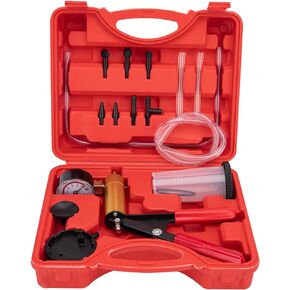 2 in 1 Brake Bleeder Kit Hand held Vacuum Pump Test Set with Automotive Brake Fluid Bleeding Set Automotive with Protected Case Adapters One-Man Brake and Clutch Bleeding System(Red)
