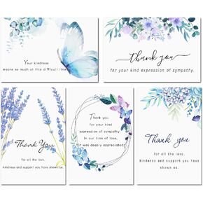 Hunanyume 50 Pack Funeral Thank You Cards with Envelopes, Stickers & Message Inside, 4×6 in Watercolor Flowers Butterflies Bereavement Sympathy Thank You Cards for Funeral Family Friends Loved Ones