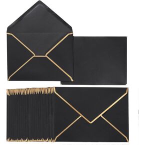 100 Pack A7 Envelopes 5 x 7 Card Envelopes V Flap Envelopes with Gold Border for Office, Wedding Gift Cards, Invitations, Graduation, Baby Shower, Parties (5.32 x 7.28 Inches, Black)