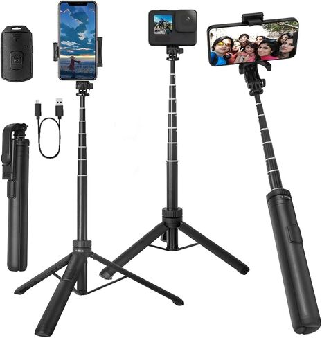 66" Selfie Stick Phone Tripod,Extendable/Rechargeable Remote Selfie Stick for Cell Phone 4"-7", Portable Tripod Stand Compatible with iPhone,Samsung,Huawei,LG,Smartphones,GoPro,Small Camera. in Kuwait