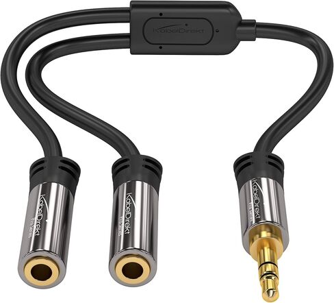 KabelDirekt - محول Y مقاس 3.5 مم ومقبس ومقسم AUX (1 × 3.5 مم ذكر إلى 2 × 3.5 مم أنثى، قم بتوصيل مجموعتين من سماعات الرأس بالهاتف الذكي/الكمبيوتر اللوحي/الكمبيوتر المحمول، ستيريو، 4 بوصة، أسود) in Kuwait