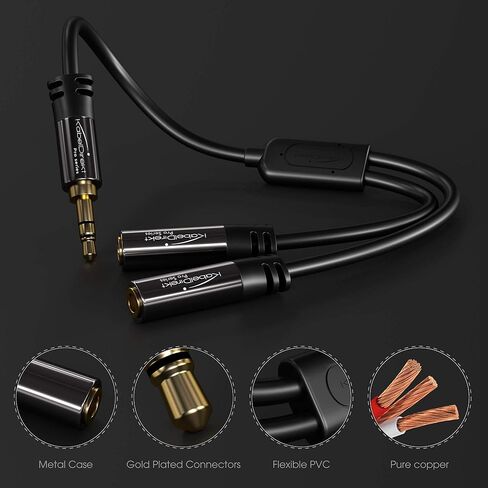 KabelDirekt - محول Y مقاس 3.5 مم ومقبس ومقسم AUX (1 × 3.5 مم ذكر إلى 2 × 3.5 مم أنثى، قم بتوصيل مجموعتين من سماعات الرأس بالهاتف الذكي/الكمبيوتر اللوحي/الكمبيوتر المحمول، ستيريو، 4 بوصة، أسود) in Kuwait