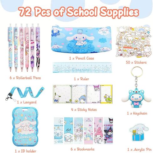 لوازم سينامورول المدرسية، أدوات قرطاسية لطيفة، بما في ذلك أقلام Kawaii رولربال، ملاحظات لاصقة، مسطرة، إشارات مرجعية، ملصقات، حبل مع حامل هوية، قلم رصاص، سلسلة مفاتيح in Kuwait