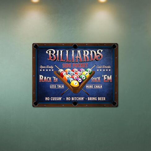 ديكور غرفة البلياردو - لوحة فنية جدارية لقواعد البلياردو، ديكور طاولة البلياردو، علامة معدنية خالية من الصدأ 9 بوصة × 11 بوصة، فتحات مثقوبة مسبقًا، مقاومة للطقس in Kuwait