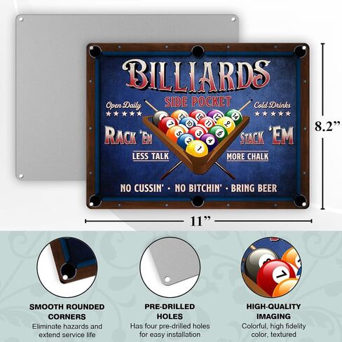 ديكور غرفة البلياردو - لوحة فنية جدارية لقواعد البلياردو، ديكور طاولة البلياردو، علامة معدنية خالية من الصدأ 9 بوصة × 11 بوصة، فتحات مثقوبة مسبقًا، مقاومة للطقس in Kuwait