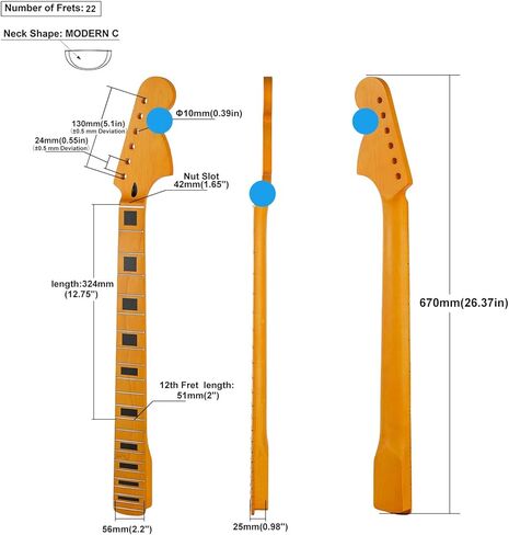 جيتار كهربائي 22fret ST من خشب القيقب الكندي برقبة 14 بوصة نصف قطر لوحة الأصابع، صامولة عظمية، رأس كبير أصفر غير لامع in Kuwait