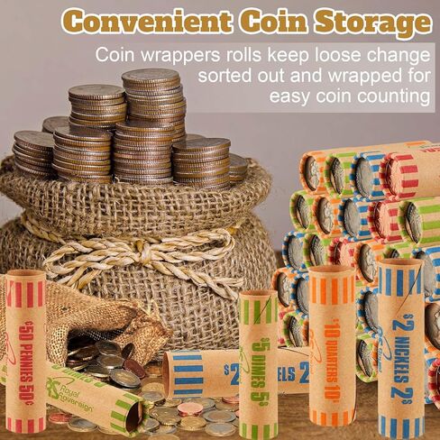 Outus 105 Pcs Assorted Coin Wrappers Rolls Bulk Preformed Coin Wrappers Rollers Paper Rolls Wrapping Tubes Includes Quarters, Pennies, and Dimes for Bank and Office in Saudi Arabia