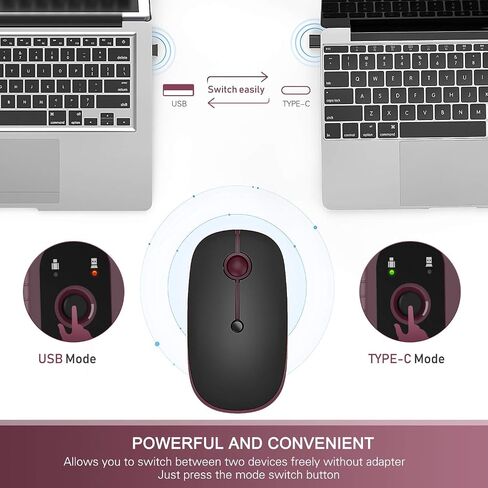 ماوس لاسلكي من VssoPlor نوع C، ماوس USB C MacBook لاسلكي مزدوج الوضع مع جهاز استقبال USB ونوع C متوافق مع أجهزة الكمبيوتر الشخصية والكمبيوتر المحمول وماك بوك وجميع الأجهزة من النوع C - أسود وفضي in Kuwait