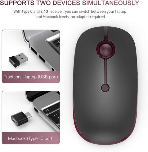 ماوس لاسلكي من VssoPlor نوع C، ماوس USB C MacBook لاسلكي مزدوج الوضع مع جهاز استقبال USB ونوع C متوافق مع أجهزة الكمبيوتر الشخصية والكمبيوتر المحمول وماك بوك وجميع الأجهزة من النوع C - أسود وفضي in Kuwait