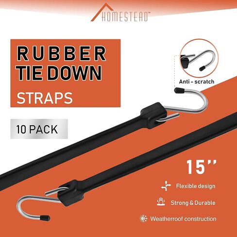HOMESTEAD 15-inch Rubber Bungee Cords with Hooks, Premium EPDM Tie Down Strap for Outdoor - 10 Packs in Kuwait