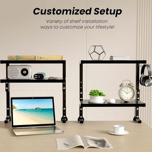 PUTORSEN 15 inch Clamp on Desk Shelf, 2 Tier Shelving Unit Above or Below Desk, Customizable Space Desk Storage Tray for Gaming Devices, Table Accessories and More, Black in Saudi Arabia