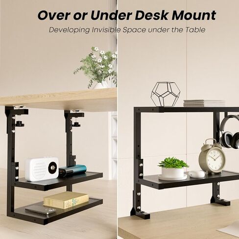 PUTORSEN 15 inch Clamp on Desk Shelf, 2 Tier Shelving Unit Above or Below Desk, Customizable Space Desk Storage Tray for Gaming Devices, Table Accessories and More, Black in Saudi Arabia
